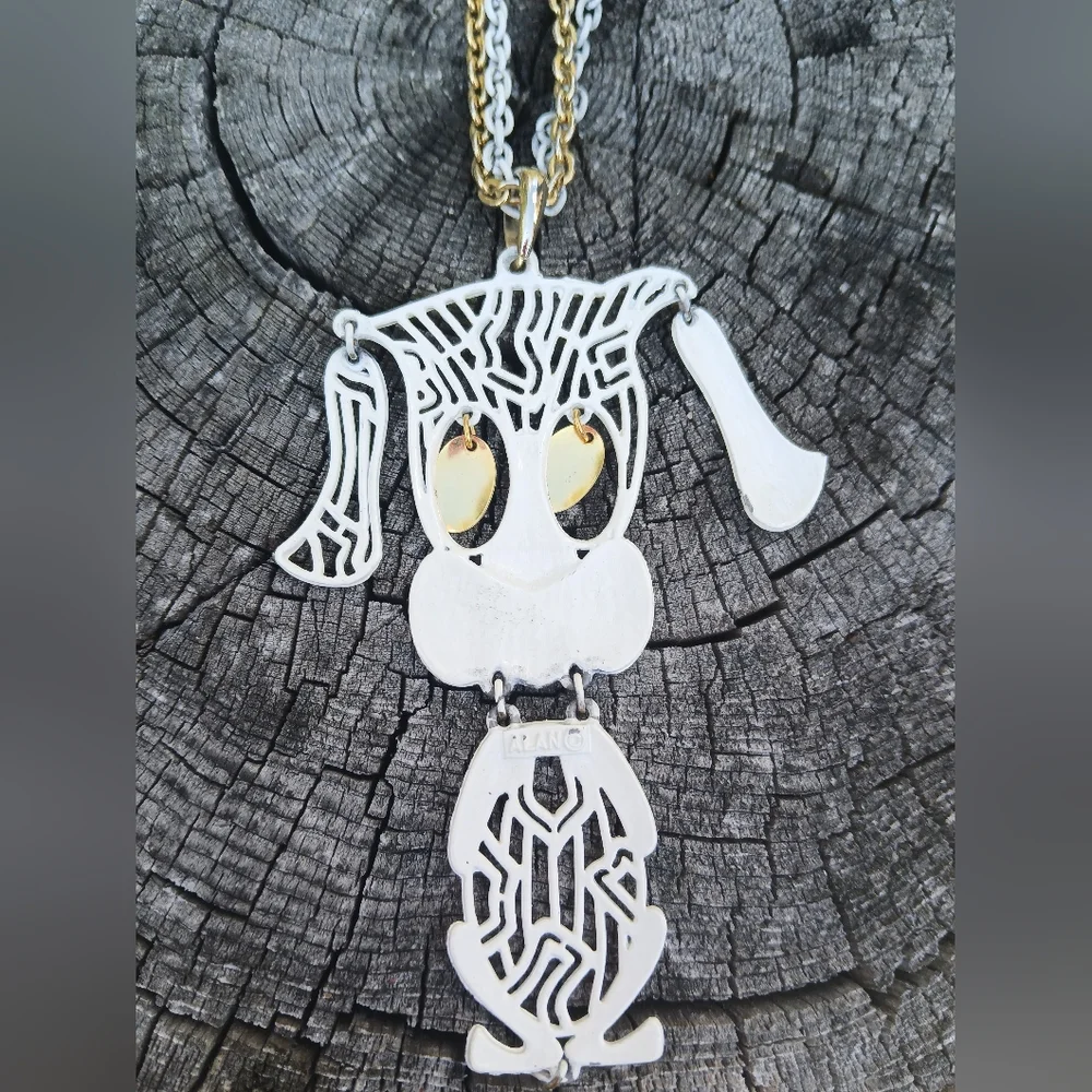 Vintage Double CHAIN Alan J 70s Articulating Puppy Dog Necklace JEWELRY